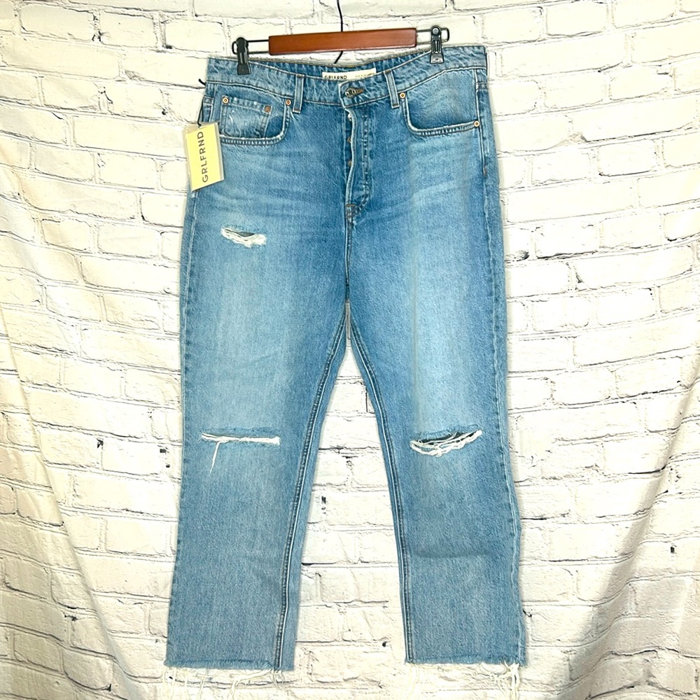 Grlfrnd The Petite Karolina High Rise Straight Crop Distressed Raw Hem Jeans